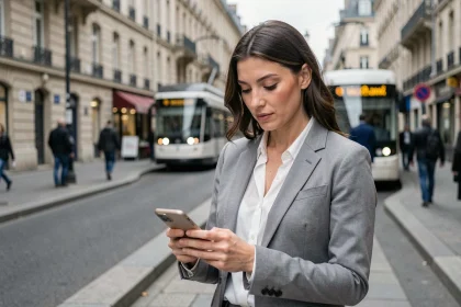 Femme professionnelle consultant ses emails Mel sur smartphone dans une rue de Rennes