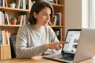 Femme pointant des onglets de navigateur web sur un ordinateur portable dans un bureau à domicile