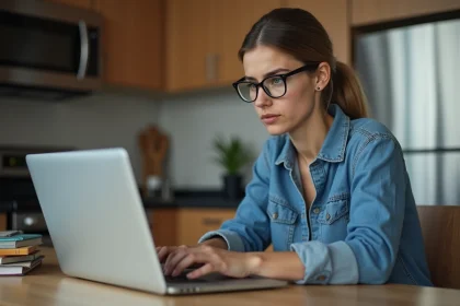 Jeune femme studieuse face à un ordinateur avec erreur WiFi