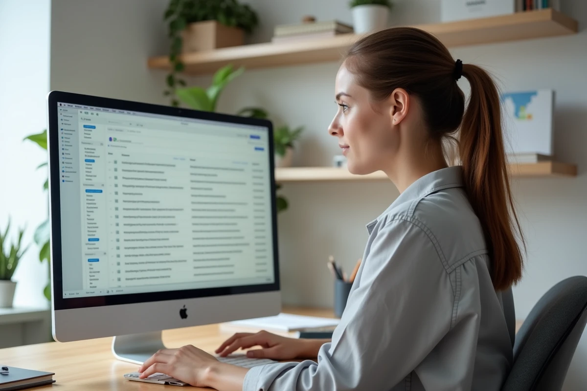 Femme organisant sa boîte mail sur un ordinateur de bureau dans un bureau à domicile moderne