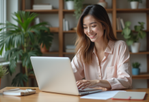 Bordure fleurie dans Word : pas à pas pour créer un document original ! Femme souriante personnalise un document Word dans son bureau