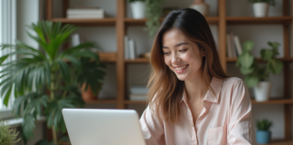 Bordure fleurie dans Word : pas à pas pour créer un document original ! Femme souriante personnalise un document Word dans son bureau