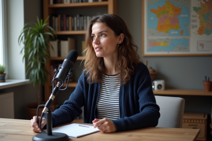 Femme française en podcast dans un bureau cosy