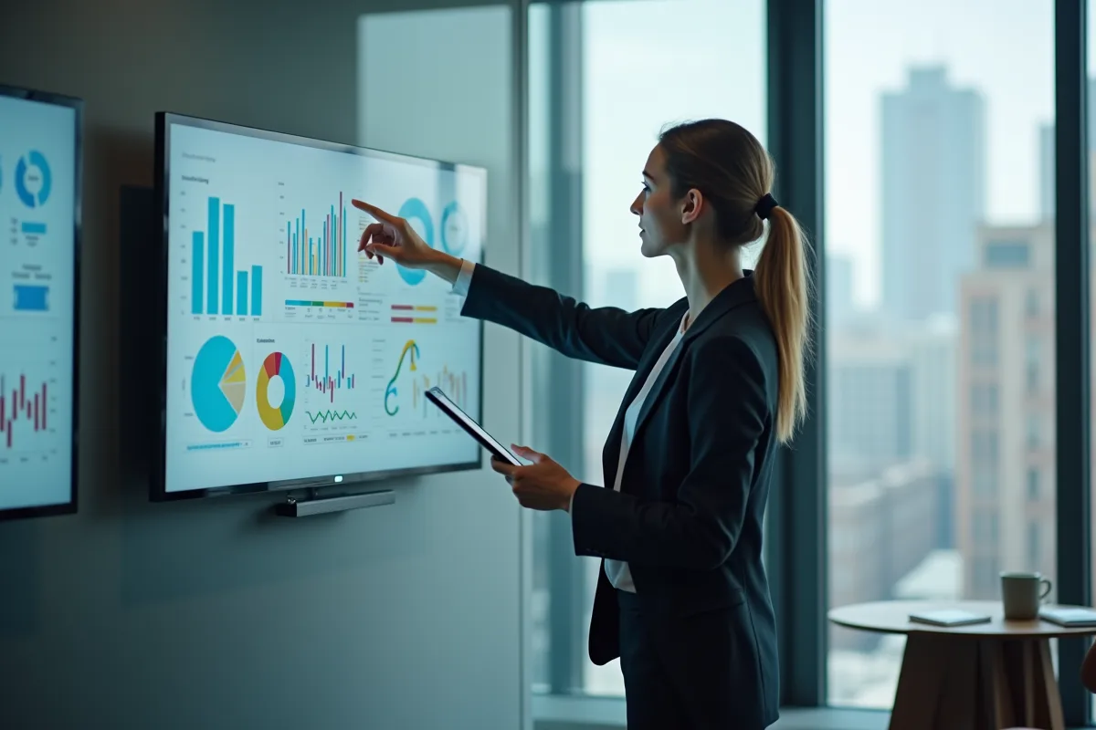 Femme en réunion présentant des graphiques sur un écran