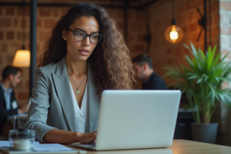 Femme professionnelle concentrée sur son ordinateur dans un espace de coworking