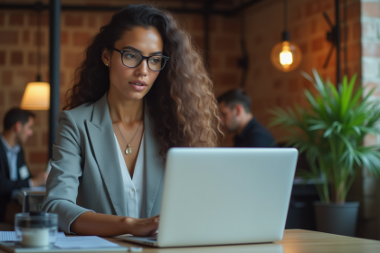 Femme professionnelle concentrée sur son ordinateur dans un espace de coworking