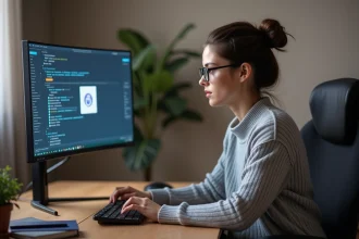Jeune professionnelle lisant un serveur Discord organisé avec des salons en italique sur un grand écran ultrawide dans un bureau moderne