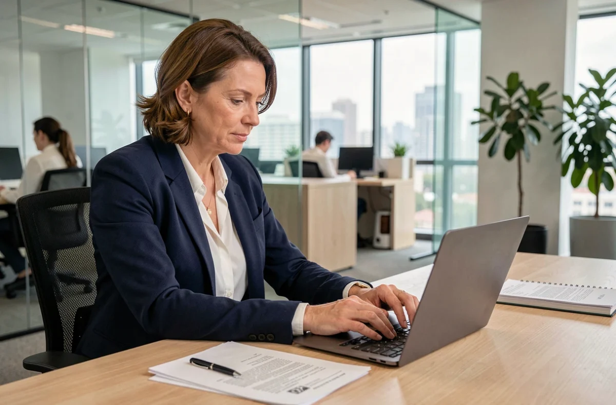 Femme professionnelle révisant un contrat juridique sur un ordinateur portable dans un bureau moderne