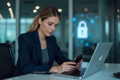 Femme d'affaires concentrée utilisant un smartphone dans un bureau moderne