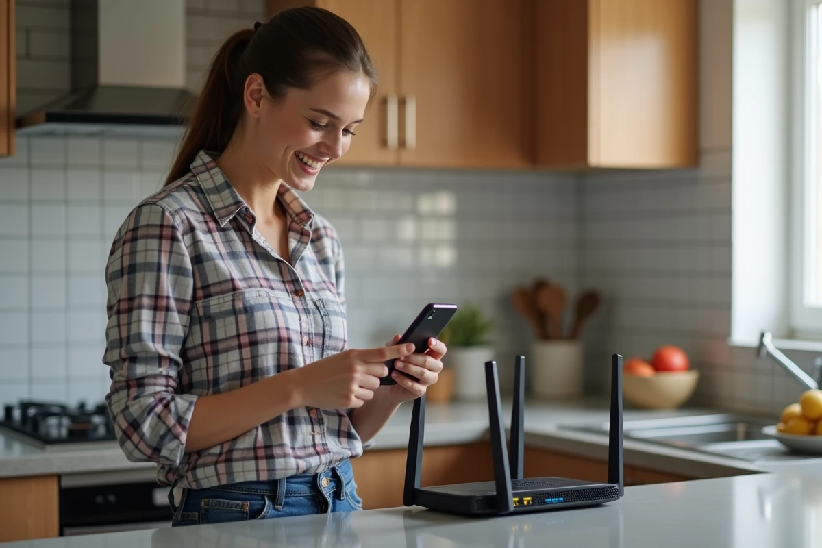 Femme vérifiant les réglages du routeur dans la cuisine