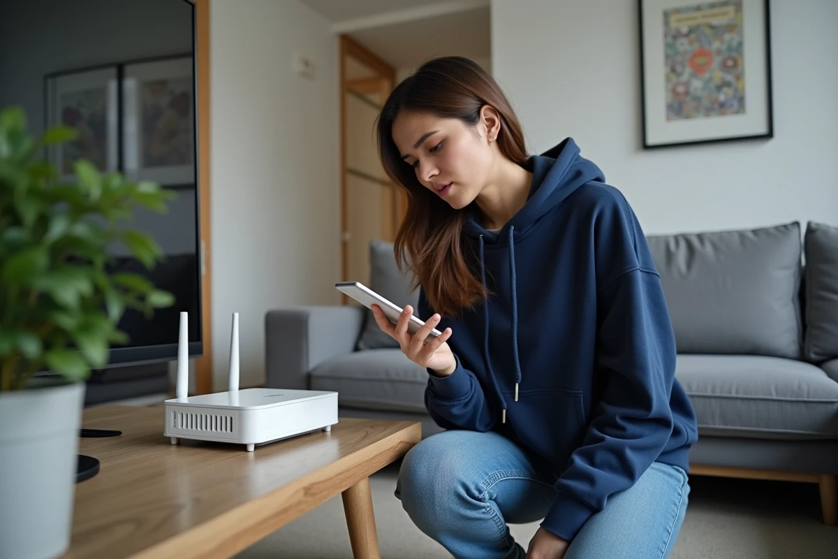Femme examinant son routeur internet et son smartphone affichant une erreur d'accès à uqload depuis la connexion box
