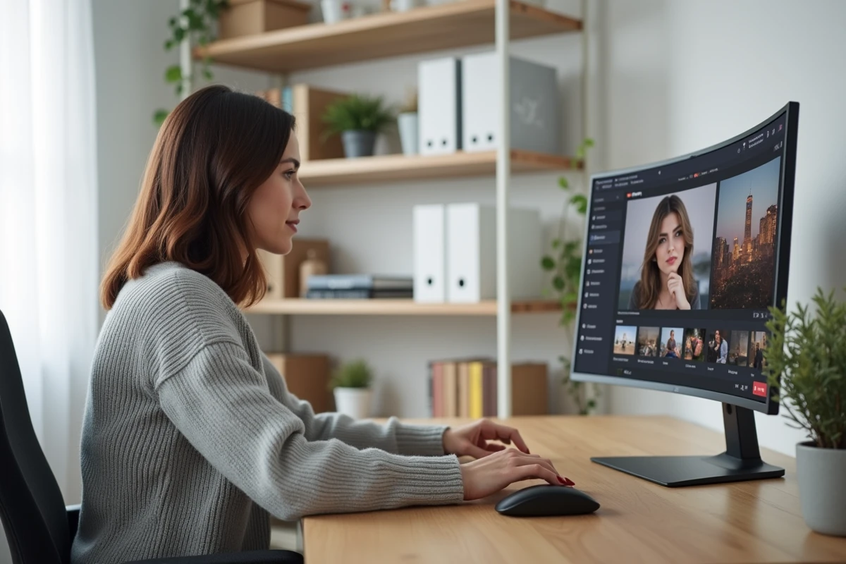 Femme accédant à ses photos Samsung Cloud depuis un ordinateur de bureau à domicile