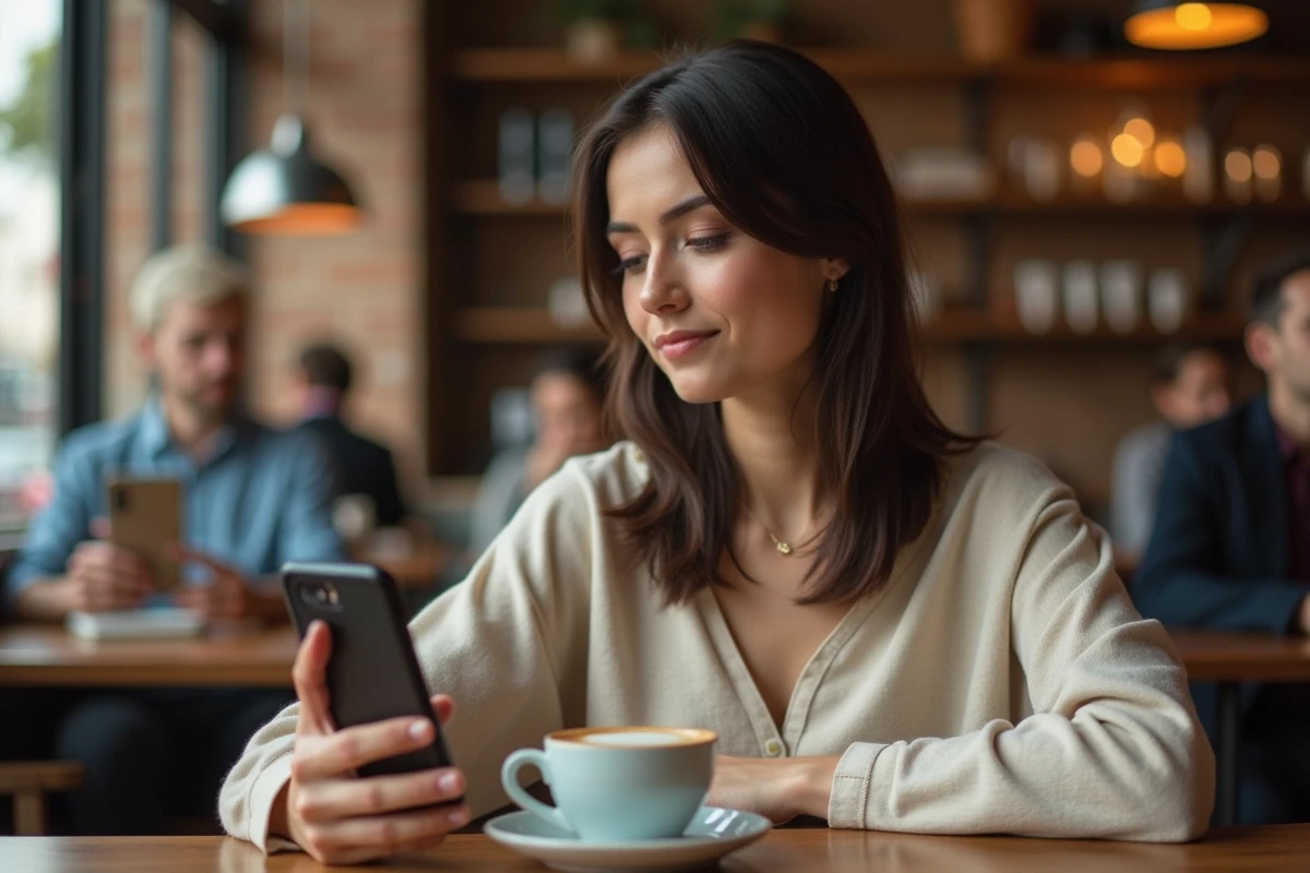 Femme utilisant un smartphone Samsung Galaxy S25 dans un café urbain moderne avec ambiance chaleureuse