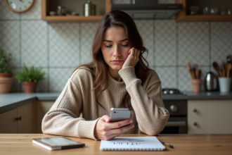 Femme assise à la cuisine regarde son smartphone