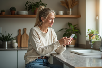 Femme dans la cuisine moderne parlant au smartphone