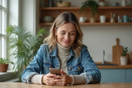Femme en denim et neutre utilisant son smartphone dans une cuisine lumineuse