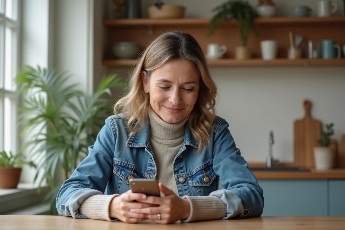 Femme en denim et neutre utilisant son smartphone dans une cuisine lumineuse