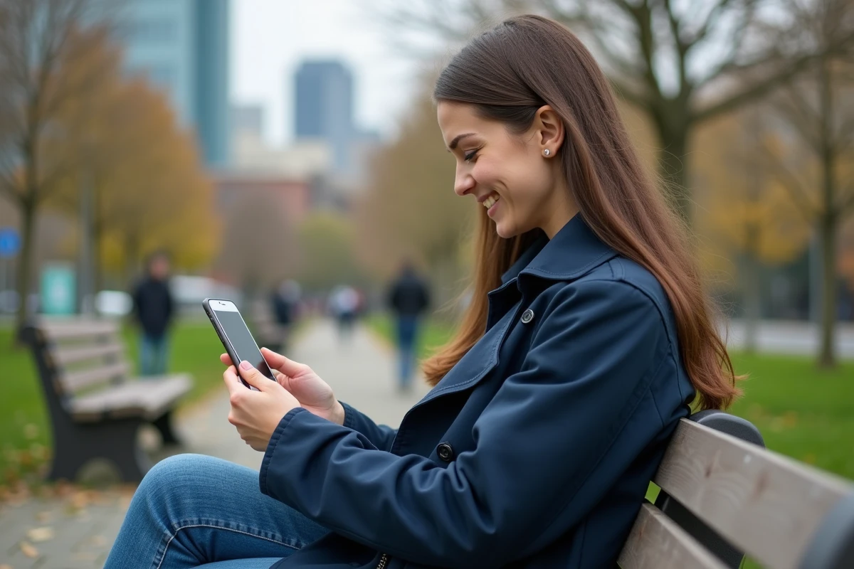 Jeune femme souriante utilisant son smartphone GPS dans un parc urbain