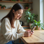 Meilleure heure pour envoyer un SMS : conseils et astuces efficaces ! Jeune femme souriante utilisant son smartphone dans la cuisine
