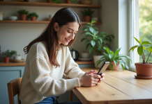 Meilleure heure pour envoyer un SMS : conseils et astuces efficaces ! Jeune femme souriante utilisant son smartphone dans la cuisine