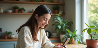 Meilleure heure pour envoyer un SMS : conseils et astuces efficaces ! Jeune femme souriante utilisant son smartphone dans la cuisine