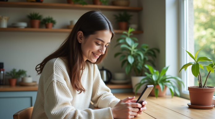 Meilleure heure pour envoyer un SMS : conseils et astuces efficaces ! Jeune femme souriante utilisant son smartphone dans la cuisine