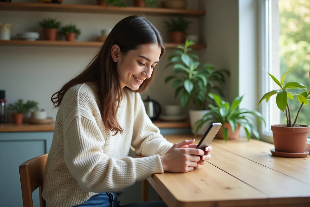 Jeune femme souriante utilisant son smartphone dans la cuisine