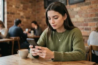Jeune femme regardant discrètement des stories Instagram anonymes sur son smartphone dans un café