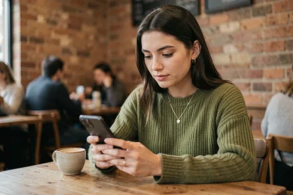 Jeune femme regardant discrètement des stories Instagram anonymes sur son smartphone dans un café