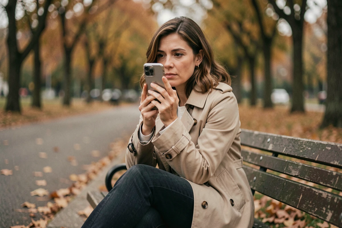 Femme consultant discrètement des stories Instagram anonymes sur un banc dans un parc en automne