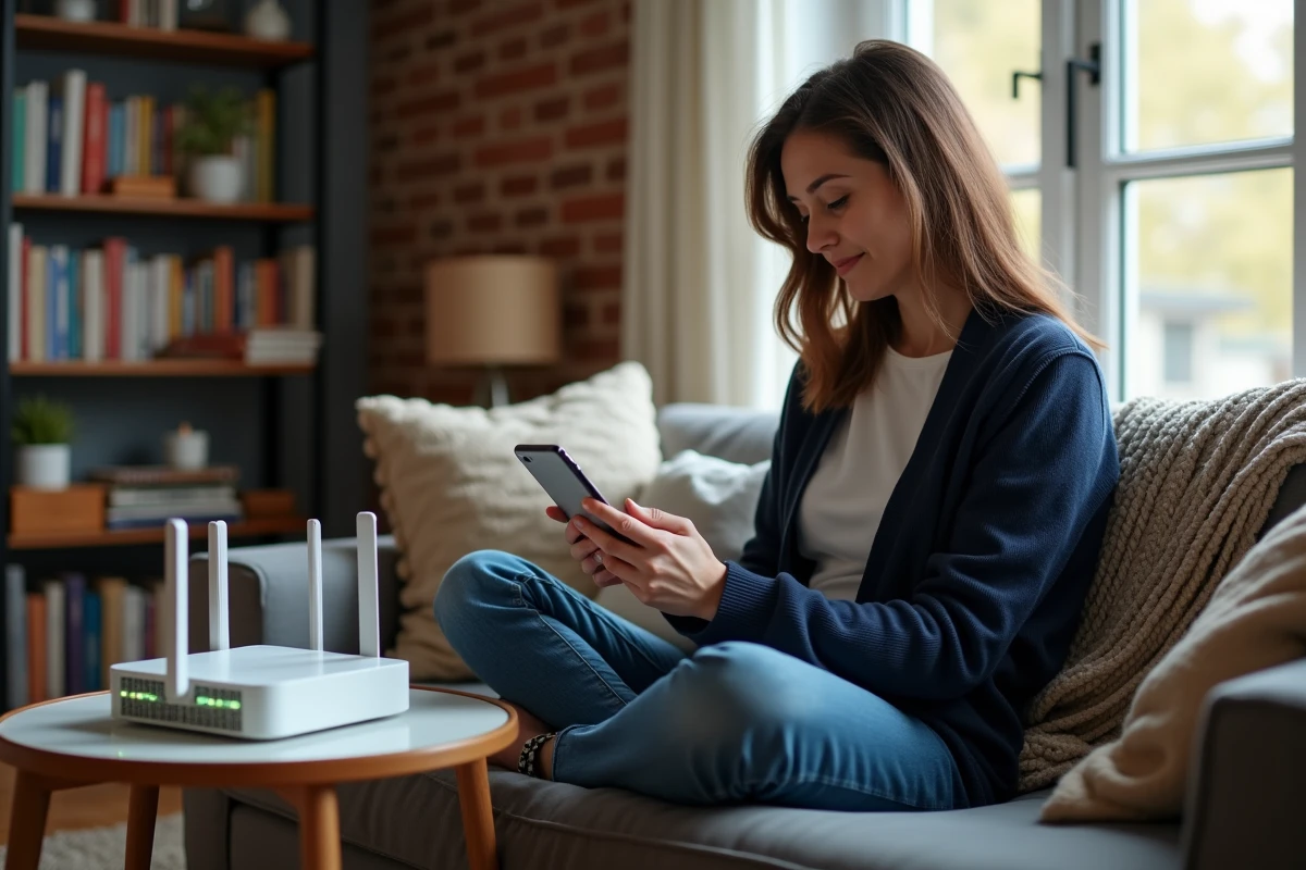 Femme consultant le support Free sur son téléphone à côté de sa Freebox en erreur dans son salon