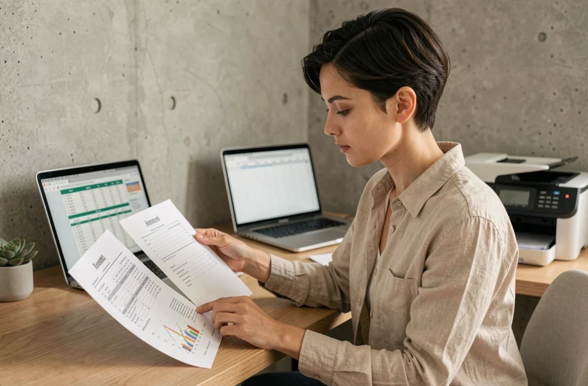 Femme en télétravail comparant des impressions texte issues d'une imprimante à réservoir d'encre dans un bureau minimaliste
