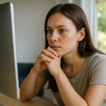 Femme assise au bureau dans une pièce lumineuse