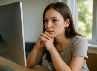 Les effets des écrans sur nos yeux : mythe ou réalité ? Femme assise au bureau dans une pièce lumineuse