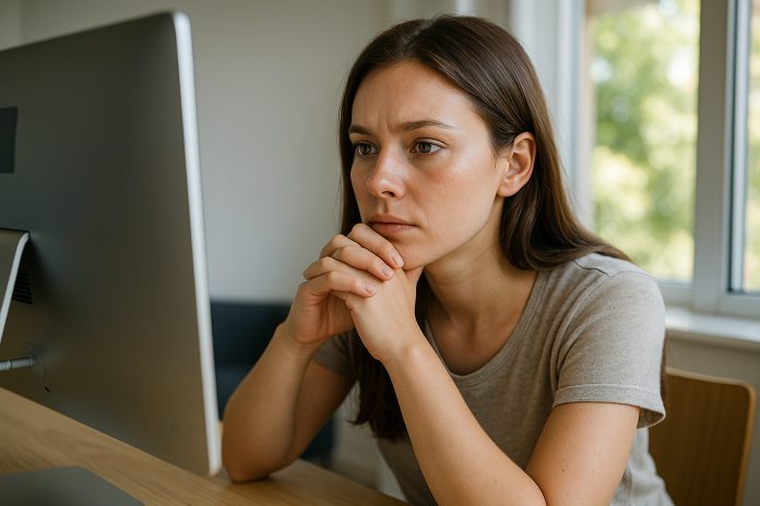 Femme assise au bureau dans une pièce lumineuse