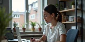 Jeune femme concentrée travaillant sur un ordinateur pour Kubernetes