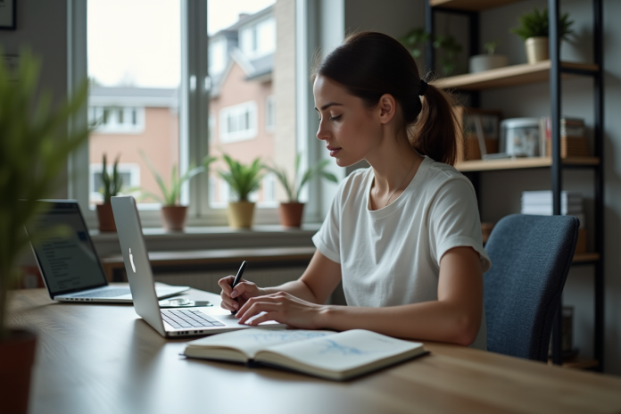Jeune femme concentrée travaillant sur un ordinateur pour Kubernetes