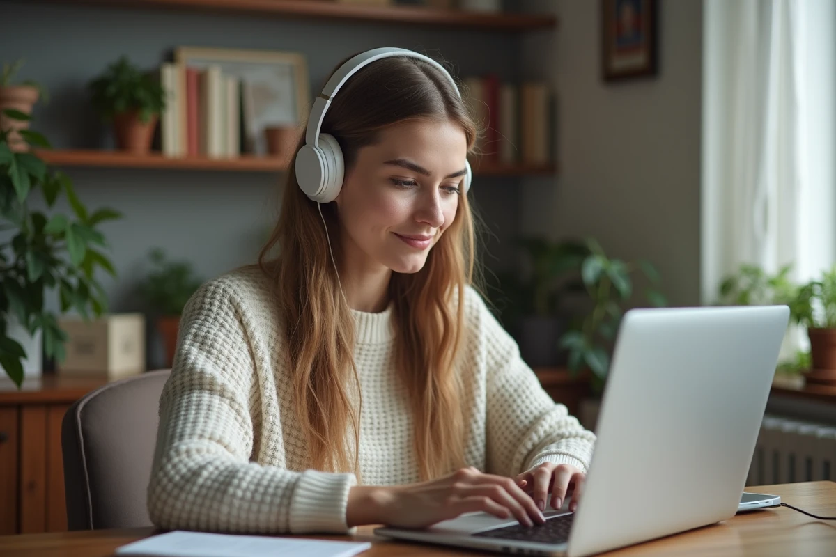 Jeune femme avec casque utilisant un ordinateur dans un bureau cosy