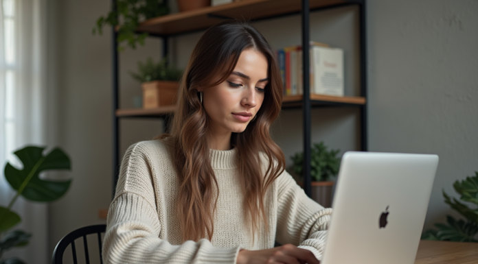 Créer des mots de passe forts et sécurisés : meilleures pratiques à suivre Jeune femme concentrée tapant un mot de passe sur son ordinateur