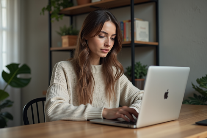 femme-travail-ordinateur-maison Jeune femme concentrée tapant un mot de passe sur son ordinateur
