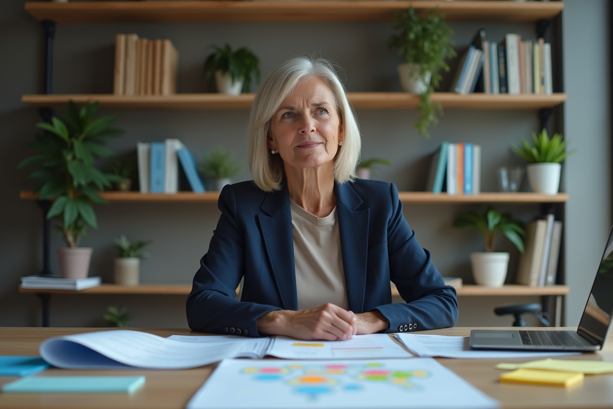 Femme en blazer navy analysant des documents au bureau
