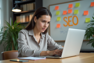 Femme concentrée tapant sur son ordinateur dans un bureau lumineux