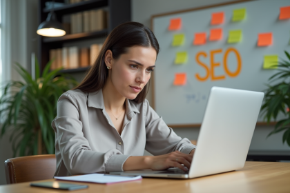 Femme concentrée tapant sur son ordinateur dans un bureau lumineux