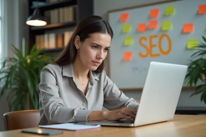 Femme concentrée tapant sur son ordinateur dans un bureau lumineux