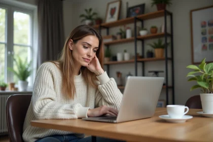 Femme concentrée travaillant sur son ordinateur dans une cuisine moderne