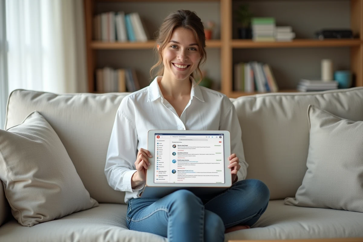 Jeune femme triant ses emails sur une tablette depuis son salon avec une boîte mail bien organisée