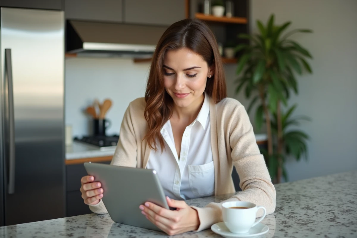 Jeune femme utilisant une tablette dans une cuisine moderne