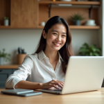 Avantages de vivre à l’ère numérique : bienfaits et impact social Jeune femme en visioconference dans un appartement cosy