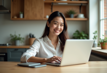 Avantages de vivre à l’ère numérique : bienfaits et impact social Jeune femme en visioconference dans un appartement cosy