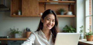 Jeune femme en visioconference dans un appartement cosy